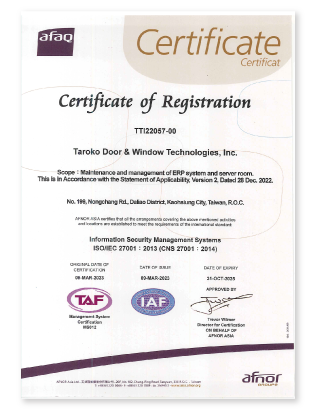 ISO/IEC 27001 Certificate of Registration for Taroko Door and Window Technologies, Inc.