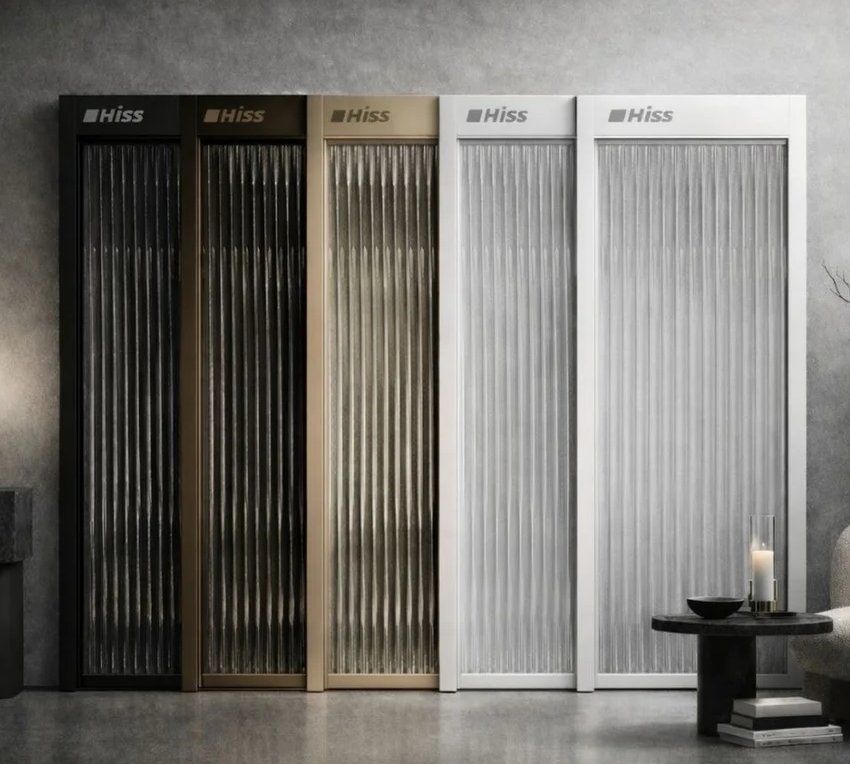 Five HISS vertical screen door finish samples in black, bronze, champagne, light gray, and white