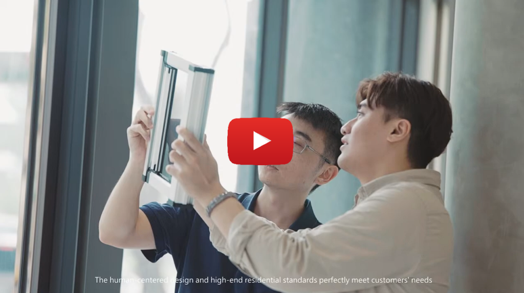 YouTube thumbnail: two people inspecting a window screen sample, with a red play button overlay