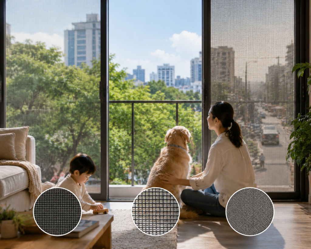 Adult, child, and dog sitting by a large mesh-screened window with a city view; three circular close-ups of mesh textures