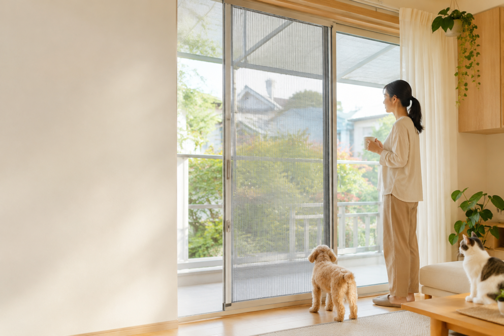 Woman holding a mug at a sliding glass door with fine insect mesh, with a small dog and a cat nearby